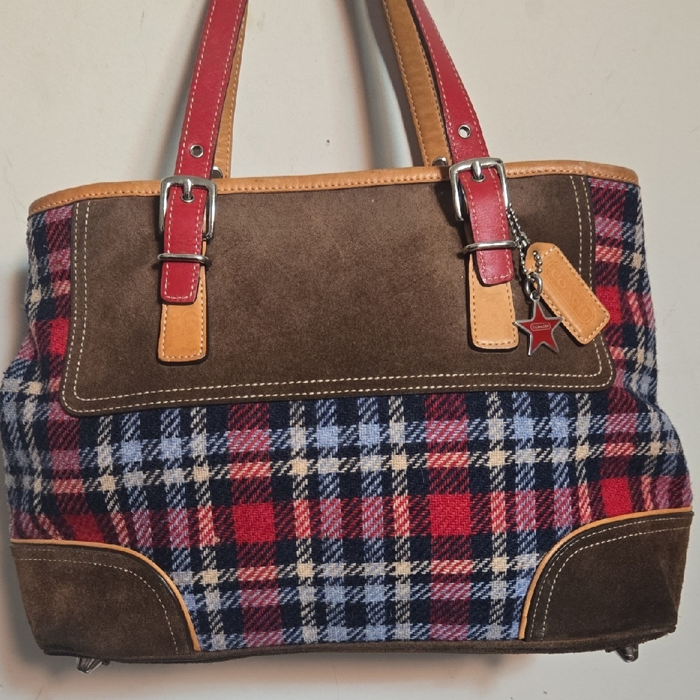 Coach Plaid Tote with Red and Brown Leather - Picture 5 of 16